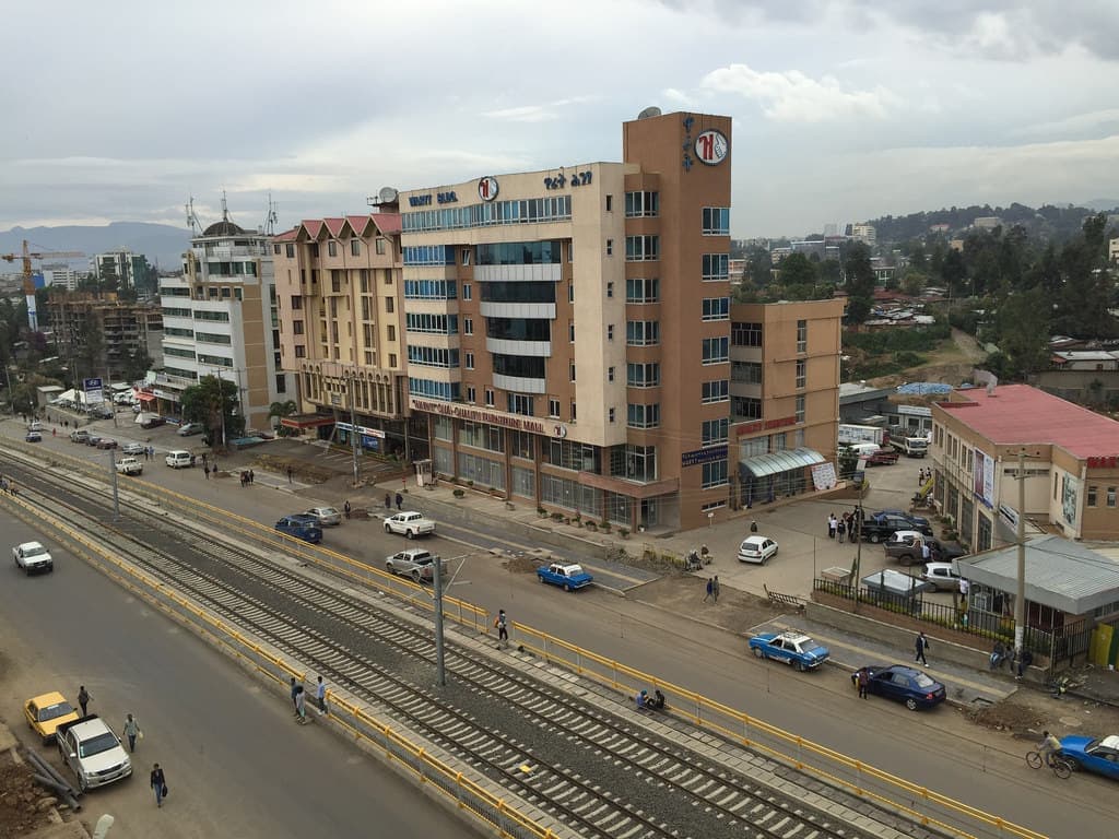 Addis Ababa light rail street view (Haile Gebreselassie Avenue), taken from the Capital Hotel and Sp